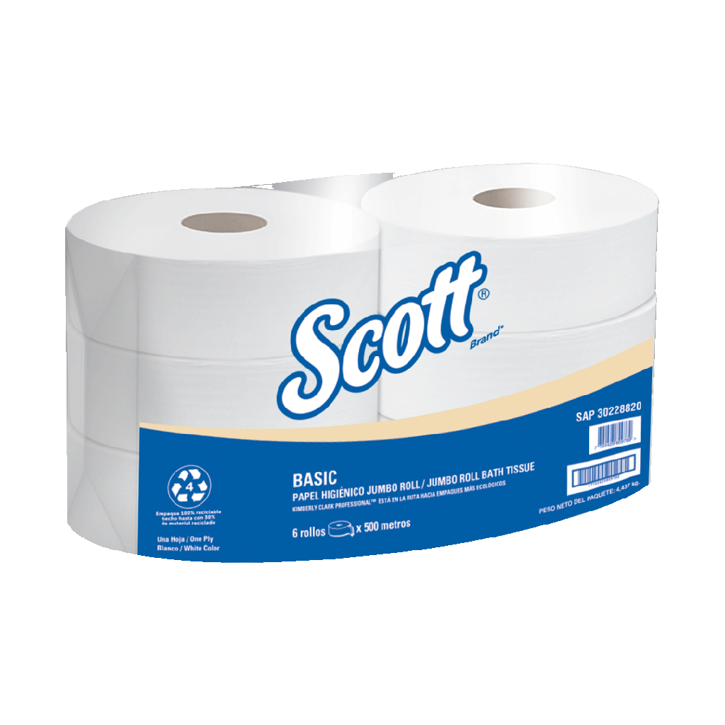 PAPEL HIGIENICO SCOTT BASIC HOJA SENCILLA BLANCO ROLLO X 500MTS (CAJA X 6 ROLLOS) REF: 30228820