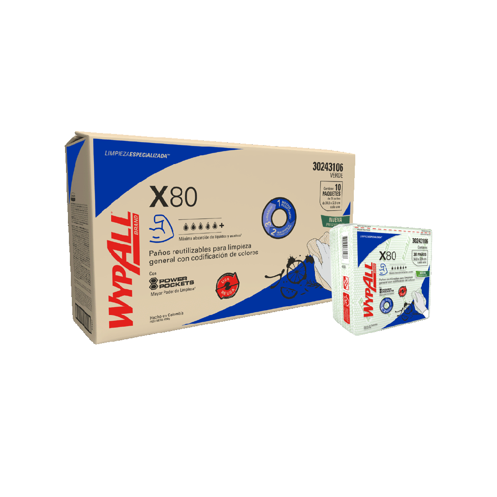 WYPALL X-80 PLUS PRE-DOBLADO VERDE X 30 PAÑOS (35.5CM X 33.5CM) REF: 30218902/30228281 / 30243106