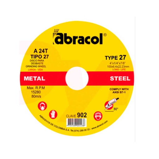 [330100630] DISCO DESBASTE METAL DT27 4" x 1/4 x 7/8 A24T REF: 902